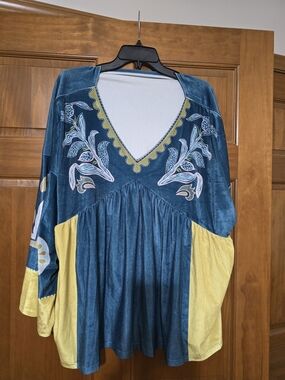 Blue & Yellow Embroidered V-Neck Boho Blouse
